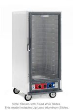 The Metro C517-CXFC-L C5 1 Series is a 3/4 height stainless steel holding/proofing cabinet with a glass front, operating at 220-240V. It features wheels on the base, fixed wire shelves, and a bottom-front control panel with dials/buttons, plus lip load aluminum slides for optimal use.