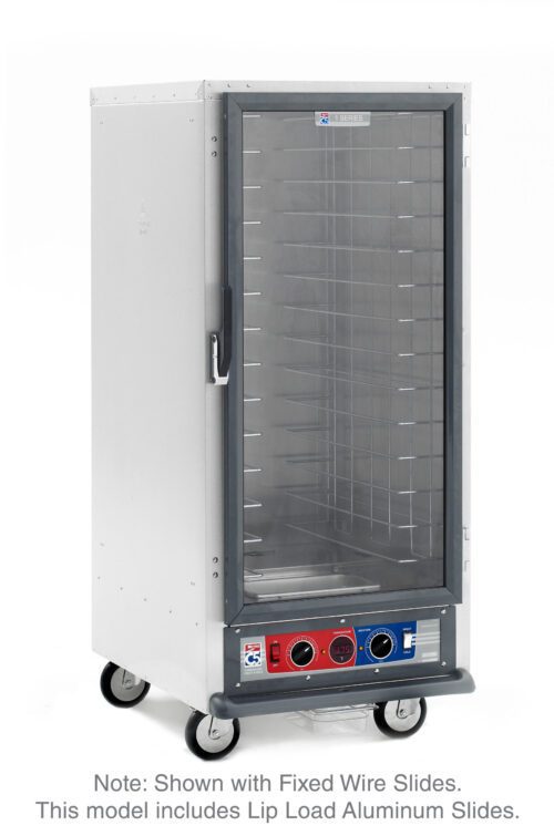 The Metro C517-CXFC-L C5 1 Series is a 3/4 height stainless steel holding/proofing cabinet with a glass front, operating at 220-240V. It features wheels on the base, fixed wire shelves, and a bottom-front control panel with dials/buttons, plus lip load aluminum slides for optimal use.