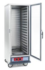 The Metro C519-HXFC-L Full Height Holding Cabinet features stainless steel construction, a transparent door, lip load aluminum slides, shelves for food trays, control knobs, and indicator lights in the bottom section. Its a mobile unit on wheels operating at 50/60Hz and 220-240V for easy use.