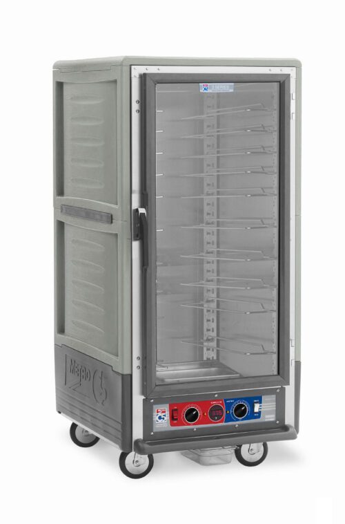 The Metro C537-CLFC-U-GYA C5 3 Series 3/4 height insulated holding/proofing cabinet features a full-length clear door, universal wire slides, control knobs at the bottom, is powered by 120V, has wheels for mobility, and comes in a sleek gray design perfect for keeping food warm on the go.