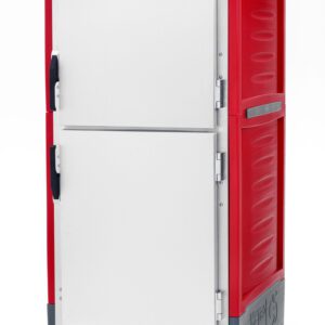 Introducing the Metro C539-HXDS-LA C5 3 Series Insulated Holding Cabinet, a full-height, red food transport cart with Dutch solid doors and Lip Load Aluminum Slides. It features bottom control knobs and handles on each door to ensure optimal food temperature.