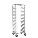 The Metro RT3318N Side-Load Knock Down Pan Rack measures 28.375 x 18.75 x 64.125, has a tall silver frame with horizontal slots and 3 slide spacing, and includes wheels for easy mobility, making it perfect for busy kitchens or bakeries with its industrial look.
