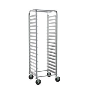 The Metro RT3318N Side-Load Knock Down Pan Rack measures 28.375 x 18.75 x 64.125, has a tall silver frame with horizontal slots and 3 slide spacing, and includes wheels for easy mobility, making it perfect for busy kitchens or bakeries with its industrial look.