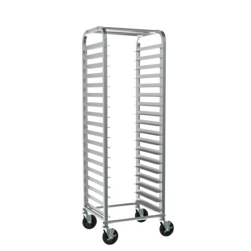 The Metro RT3318N Side-Load Knock Down Pan Rack measures 28.375 x 18.75 x 64.125, has a tall silver frame with horizontal slots and 3 slide spacing, and includes wheels for easy mobility, making it perfect for busy kitchens or bakeries with its industrial look.