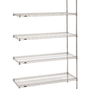Meet the Metro 5AN427BR Super Erecta Add-On with five adjustable wire shelves and a sleek Brite finish, ideal for open storage. Dimensions: 21 x 30 x 74.