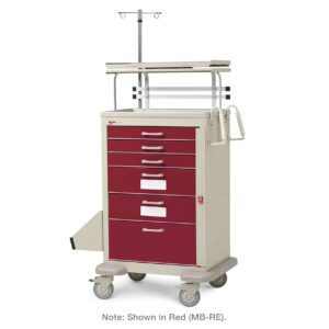 The Metro MBX3210CRT3 Basix Crash Cart in vibrant red boasts five drawers, an IV pole, side handles, and four sturdy wheels for easy mobility. A note highlights its striking color.