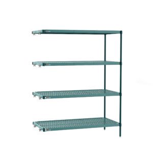 The Metro PR-213063K3-A-4 Shelving Add-On Unit, 21 x 30 x 63, offers four adjustable wire shelves with a green finish and sturdy supports. Removable plastic mats enhance versatility against a crisp white backdrop.