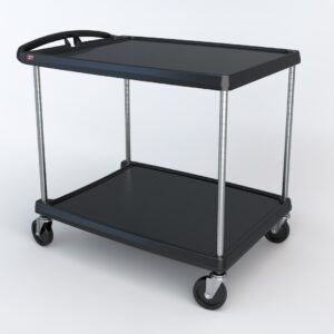 The Metro MY2636-25BL myCart Series 2-Shelf Utility Cart, Black, 26 x 36, is displayed on a plain white background. It has two spacious shelves, sturdy metal supports, four wheels for easy movement, and a convenient handle for pushing.
