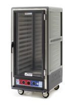 The Metro C537-CLFC-L-GYA C5 3 Series Cabinet, 3/4 height, features a full-length clear door, multiple lip load aluminum slides, gray insulated sides, and intuitive control knobs. Mounted on wheels for easy mobility and ideal for commercial kitchens.