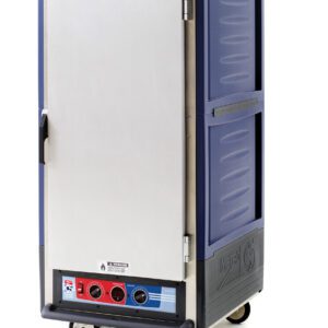 The Metro C537-MFS-U-BUA C5 3 Series is a tall, 3/4 height heated holding/proofing cabinet with a gray and blue exterior. It includes a full-length solid stainless steel door, temperature control dials, and four wheels for easy movement. Designed for 120V, 60Hz, and offers universal wire slides.