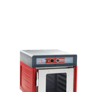 A Metro C543-ASFC-LA C5 4 Series Insulated Holding Cabinet in red and silver, with a transparent full-length front door and lip load aluminum slides, sits on wheels. It runs at 120V, 60Hz, has top front panel control knobs, visible interior through the glass door against a white background.