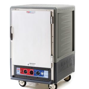 The Metro C535-CLFS-4-GYA C5 3 Series cabinet is a portable heated holding unit with a full-length solid stainless steel door, gray insulated 1/2 height walls, fixed wire slides, wheels for mobility, control knobs, and a digital display on the bottom front. The brand name appears prominently on the door and side.