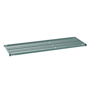 The Metro Super Erecta Pro PR2472NK3 shelf, 24 x 72, features a silver grid pattern and a removable plastic mat for a flat surface, combining industrial charm with practical storage.