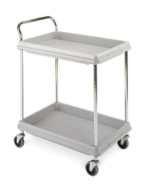 ohwhd1j9mkepvtljuqba1958hqohvnau.jpg The Metro BC2030-2DG Deep Ledge 2-Shelf Utility Cart (Gray, 20 x 30) features two robust shelves, chrome legs, and swivel casters for smooth movement. Its raised-edge top shelf and metal handle enhance convenience and functionality.
