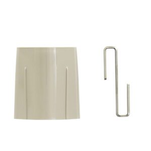 On a white background, a beige plastic cylindrical object with slits is upright to the left while a metallic U-shaped hook from the Metro MAX4-9995 S Hook Kit for MetroMax 4 lies flat to the right with its open ends facing downward.