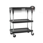 Introducing the Metro MY1627-34BL-PL myCart Plus—a 3-shelf, black utility cart with height-adjustable shelves, chrome legs, and four wheels for easy transport. Measuring 16 x 27, it features a convenient handle to move your items effortlessly.