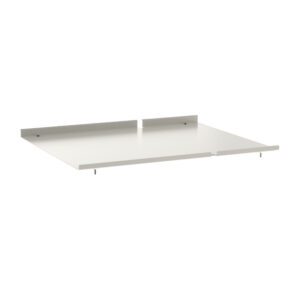 The Metro FL120 Solid Bottom Shelf for Flexline and Lifeline Carts features a white panel with hardware, providing a smooth surface and raised edges. Ideal for mounting on walls or cabinets, it enhances storage and organization in any area.
