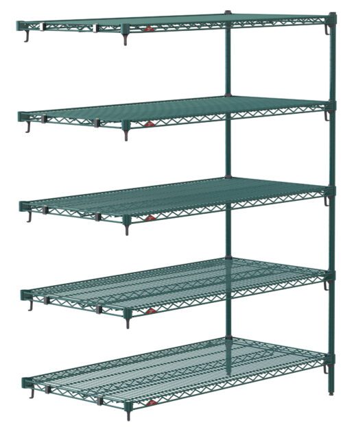 The Metro Super Adjustable Super Erecta 5AA557K3 is an industrial wire shelving add-on unit with five adjustable shelves supported by four poles in a grid pattern. It measures 24 x 48 x 74 and features a Metroseal Green Epoxy coating.