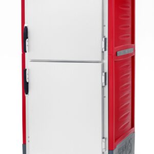 The Metro C539-MXDS-L C5 3 Series Cabinet is a full-height, mobile unit in red featuring Dutch solid doors, lip load aluminum slides, and a control panel with dials at the bottom. It includes handles on both upper and lower doors and runs on 220-240V, 50/60Hz, consuming 1681-2000W.