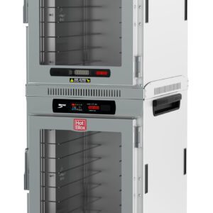 The Metro HBCW16-DC-M HotBlox Cabinet has transparent doors, sturdy metal frames, and a digital touchscreen controller for precise 60Hz settings. It features wheels for easy mobility and the brand logo on top. Model: (2X) 120V, 60Hz, 875W, NEMA 5-15P.