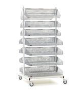 The Metro QB236-M14 qwikSIGHT Shelving Unit is a 36 L tall metal rack with a slanted design for easy access. It features multiple perforated shelves, 14 baskets, double-sided storage, wheels, and a white background, combining functionality with style.