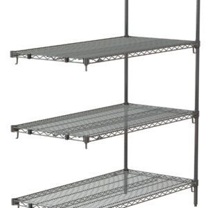 The Metro Super Adjustable Super Erecta AA356C 4-Shelf Industrial Wire Shelving Add-On Unit, measuring 18 x 48 x 63, features three adjustable wire shelves and a sturdy chrome frame for versatile storage, with notes on potential dimension variations.