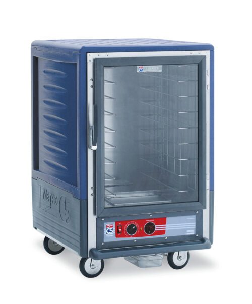 The Metro C535-HLFC-4-BU C5 3 Series Insulated Holding Cabinet is a compact blue unit with a full-length clear door, fixed wire slides inside, and operates at 120V, 60Hz.