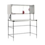 The Metro EZHSE48W-KIT Super Erecta Hot Workstation includes a stainless steel workbench with a glass-fronted enclosure, featuring red handles, sliding doors, and electrical cords. This 400W, 120V unit features adjustable shelves and is supported by a metal frame. Dimensions: 24 x 48 x 64.