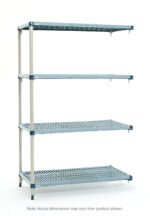 The MetroMax Q MQ-186074G-A-4 add-on unit is a freestanding, 4-shelf plastic shelving system with metal supports and slatted shelves. Its dimensions are 18 x 60 x 74, but actual sizes=