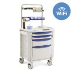 The Metro FLWPROC1 Flexline Procedure Cart features a wireless touchpad, wheels for mobility, blue drawers, and top shelves with supplies. A corner WiFi symbol signifies seamless connectivity.