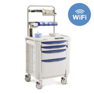The Metro FLWPROC1 Flexline Procedure Cart features a wireless touchpad, wheels for mobility, blue drawers, and top shelves with supplies. A corner WiFi symbol signifies seamless connectivity.