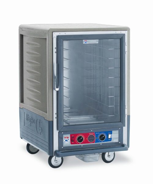 The Metro C535-CLFC-4-GYA is a mobile, half-height insulated holding/proofing cabinet with a full-length clear door, fixed wire slides, and red/blue controls. It features a gray and blue design, rests on four wheels for easy transport, and operates on 120V at 60Hz with 1440W power.