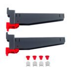 Two gray plastic wall mounts with red adjustable clips are placed parallel on a white background. Below them are four red triangular markers and four silver round brackets, resembling the Metro SMA14A SmartLever Arms (Pair), 14, setup for versatile use.