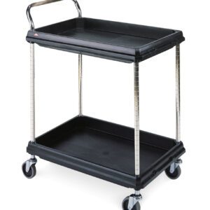 The Metro BC2030-2DBL Deep Ledge 2-Shelf Utility Cart in black features two roomy 20 x 30 shelves, a strong metal handle, and four wheels for easy mobility, ideal for stylishly transporting items.