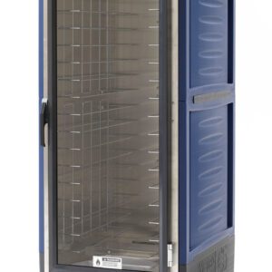 The Metro C539-HFC-4-BUA C5 3 Series is a full-height blue insulated holding cabinet with a clear full-length door for visibility, fixed wire slides for storage, and four wheels. It features a 120V control panel with buttons at the bottom front.