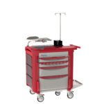 The Metro LECCRP3-RD Lifeline Crash Cart, Red, features a sleek design with multiple drawers and compartments. It smoothly glides on wheels and includes a mounted IV pole and an attached tray arm for easy access during emergencies.