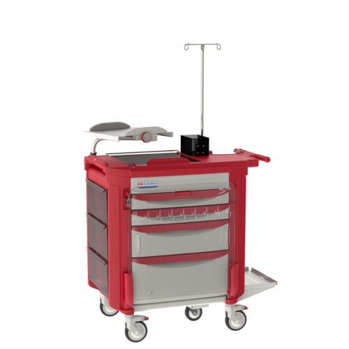 p8mx6lo6ets0v1h4pmfcrgmg9c1wy2ot.jpg The Metro LECCRP3-RD Lifeline Crash Cart, Red, features a sleek design with multiple drawers and compartments. It smoothly glides on wheels and includes a mounted IV pole and an attached tray arm for easy access during emergencies.