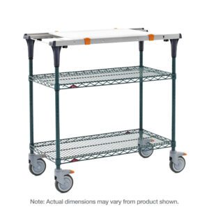 The Metro MS1830-NKNK-PK1 PrepMate MultiStation has 3 mesh shelves and 4 large castor wheels, featuring Metroseal Green Epoxy top/bottom shelves with matching posts. It includes a small whiteboard on the green/black frame with orange accents. Note: Actual dimensions may vary from product shown.