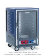 A blue insulated Metro C535-CXFC-L-BUA C5 3 Series holding/proofing cabinet features a clear full-length door with fixed wire slides, lip load aluminum slides, control knobs on a red panel, and operates at 220-240V.