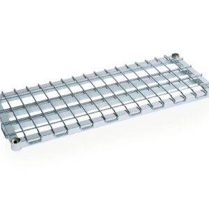The Metro 1830DRC Super Erecta Shelf features a chrome finish on its metal grid design with four corner fittings, ideal for organization. Its mesh pattern suits various settings, measuring 18 x 30, against a plain white background.