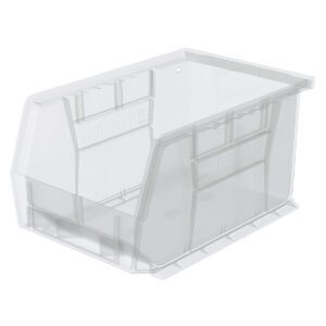 The Metro MB30237CLSH Stacking/Hanging Supply Bin, clear and measuring 9.25 x 6 x 5, features an open front for easy access, stacking ridges for stability, and faint text on the side.