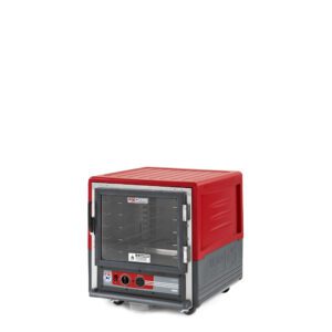 The Metro C533-HXFC-UA C5 3 Series Holding Cabinet features a red and gray exterior with a full-length clear door, front control knobs, and universal wire shelves. Ideal for undercounter use in busy kitchens, it operates at 220-240V and 1681-2000W.