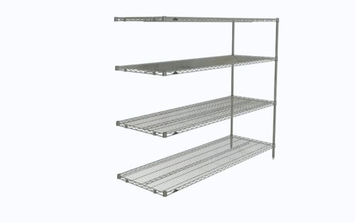 The Metro AN576C Super Erecta Add-On Unit features chrome-finished adjustable shelves supported by sturdy metal rods. Measuring 24 x 72 x 63, it provides ample open storage for organizing items against a plain backdrop.