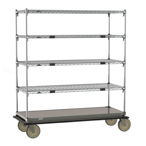 The Metro ECN56CS Super Adjustable Super Erecta Cart features four wire shelves and a 24 x 60 galvanized steel bottom shelf, supported by large caster wheels for a sturdy, industrial look ideal for storage or transport.