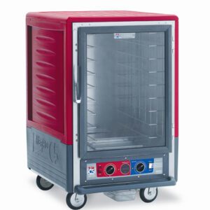 The Metro C535-CLFC-LA C5 3 Series Insulated Holding/Proofing Cabinet features a full-length clear door and red top, wheels for mobility, temperature control knobs, lip load aluminum slides for shelving, and operates efficiently on 120V, 60Hz power.
