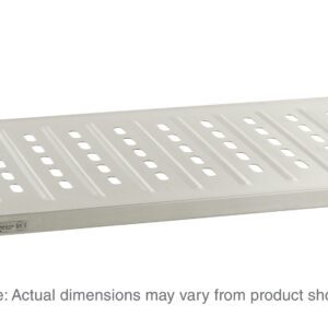 The Metro 2130LS Super Erecta Solid Shelf, 21 x 30, is louvered/embossed stainless steel with a rectangular design featuring slotted holes and black corners. A note suggests actual dimensions might differ from the image on a white background.