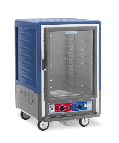 The Metro C535-CLFC-U-BUA C5 3 Series is a 1/2 height insulated holding/proofing cabinet with a full-length clear door, blue top, and bottom control dials. It features universal wire slides, shelves inside, is made of stainless steel and blue material, runs at 120V, 60Hz, 1440W and includes wheels for mobility.