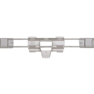 Close-up of a silver and gray adjustable hanger with clips, complementing the Metro MAX4-LS21-2S Stackable Shelf Ledge for MetroMax 4 Shelving. The hanger features two metal rods and plastic clamps to secure pants or skirts.