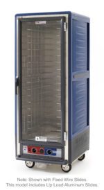 The Metro C539-MFC-L-BU C5 3 Series is a full-height food warmer with a clear door and multiple wire slides for trays; it features a bottom control panel and includes convenient lip load aluminum slides.