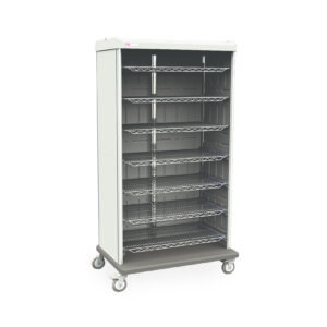 The Metro SXRDGS1 Starsys Mobile Supply Cabinet is tall and wheeled, featuring six adjustable wire shelves and a sleek white exterior. The shelves are empty and set against a plain white background.